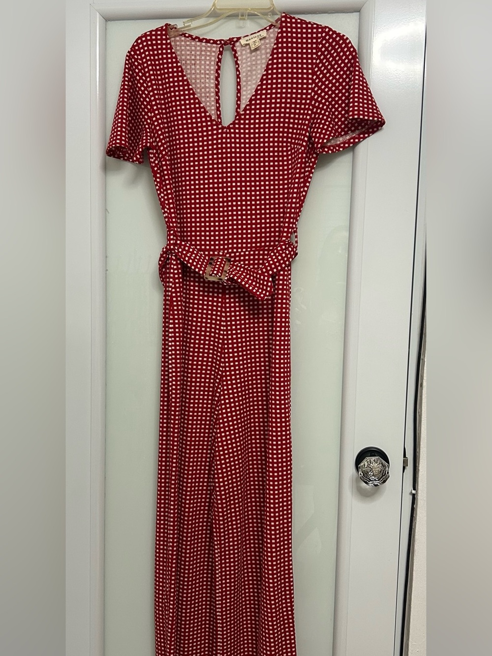 Monteau Red and White Gingham Belted Jumpsuit